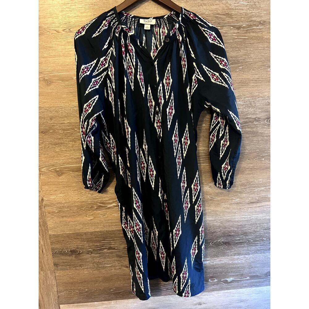 Tucker Dress Size Large Long sleeves button down Geometric Midi Preppy Navy Blue